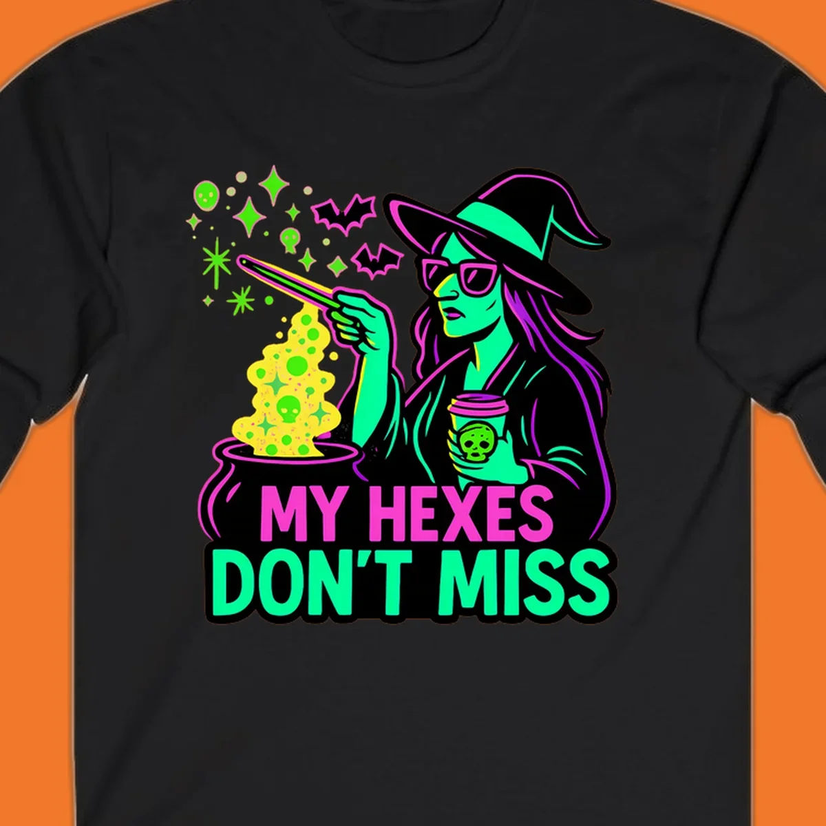 Witch with coffee and cauldron, text 'My Hexes Don't Miss'