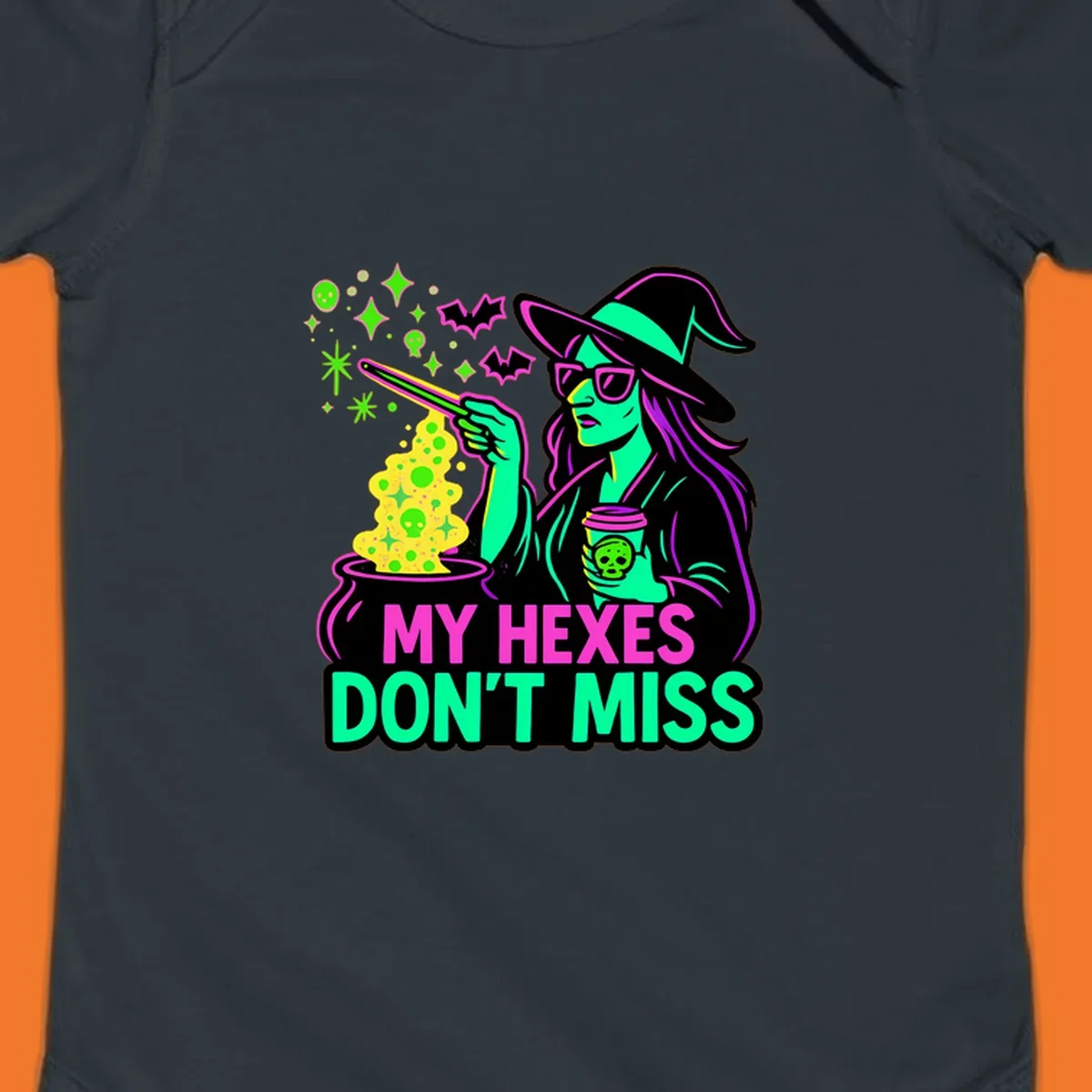 Witch with coffee and cauldron, text 'My Hexes Don't Miss'