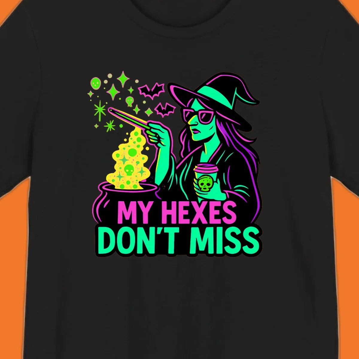 Witch with coffee and cauldron, text 'My Hexes Don't Miss'
