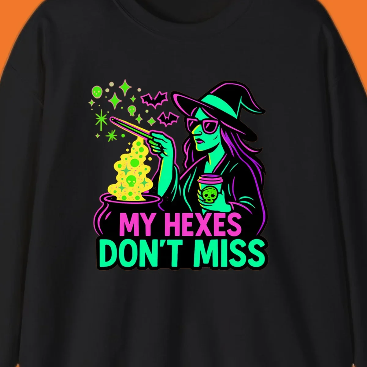 Witch with coffee and cauldron, text 'My Hexes Don't Miss'