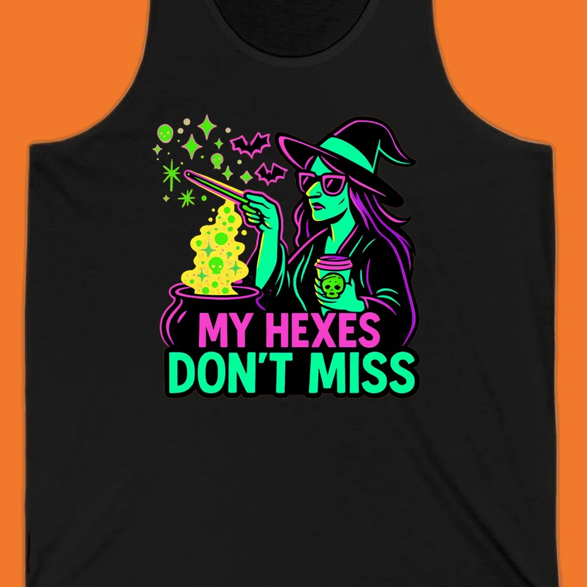 Witch with coffee and cauldron, text 'My Hexes Don't Miss'