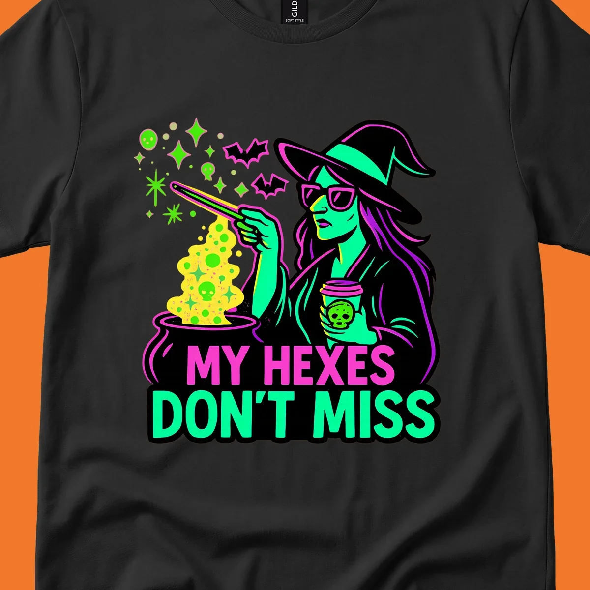 Witch with coffee and cauldron, text 'My Hexes Don't Miss'