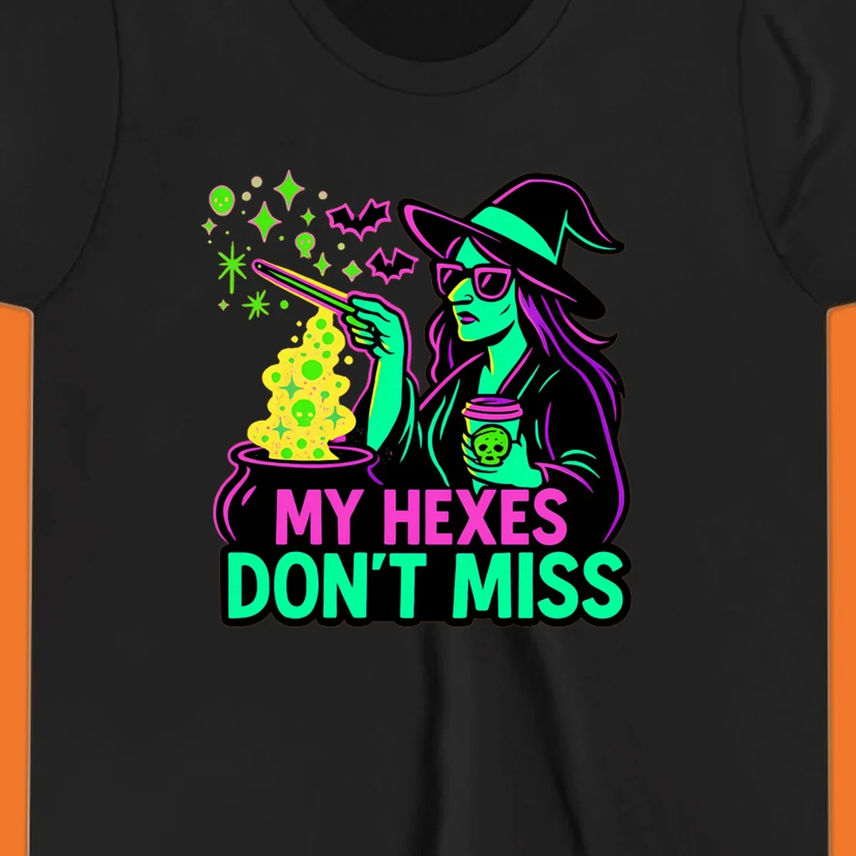 Witch with coffee and cauldron, text 'My Hexes Don't Miss'