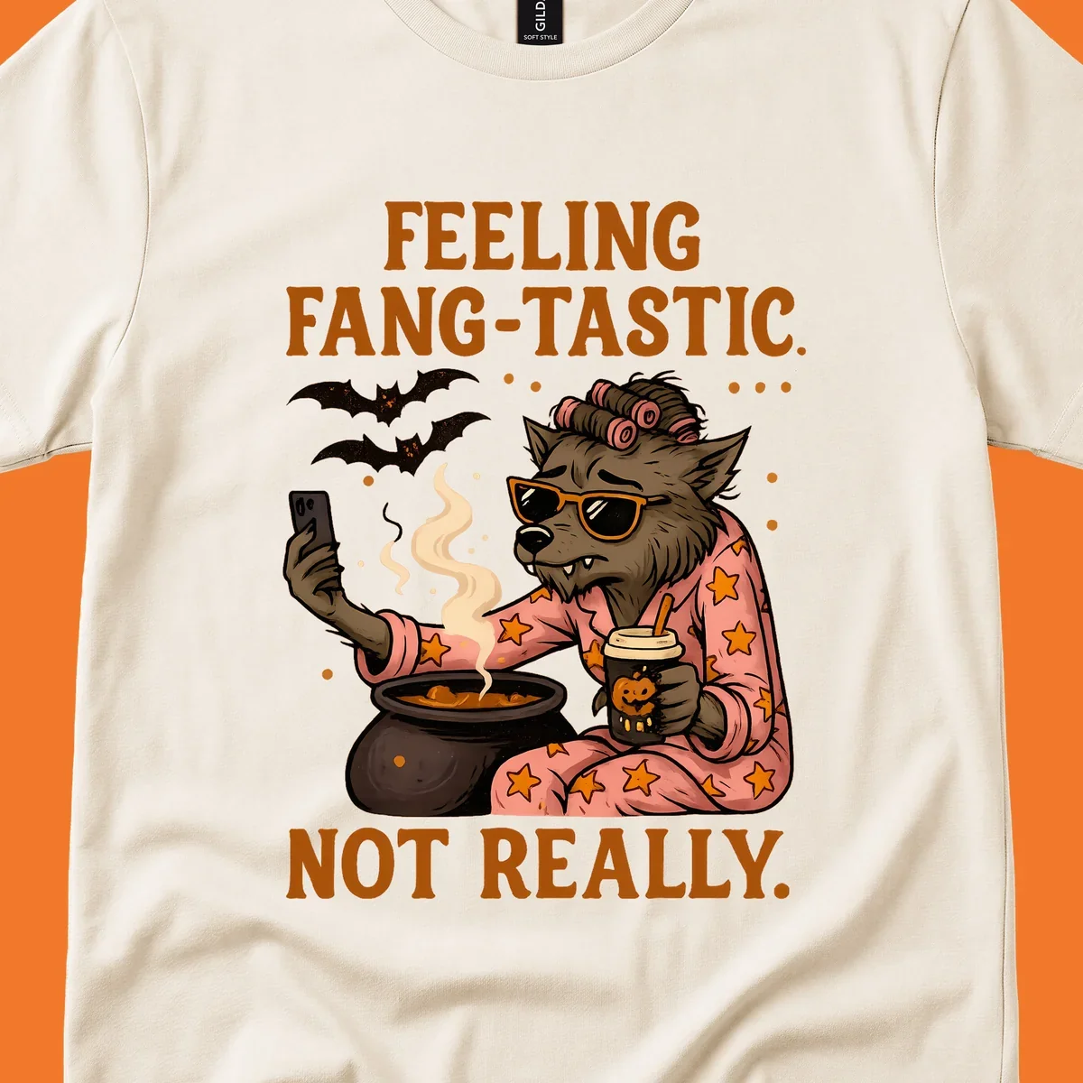 Werewolf in pajamas taking a selfie, text says "FEELING FANG-TASTIC. NOT REALLY." Fang-tastic werewolf halloween.