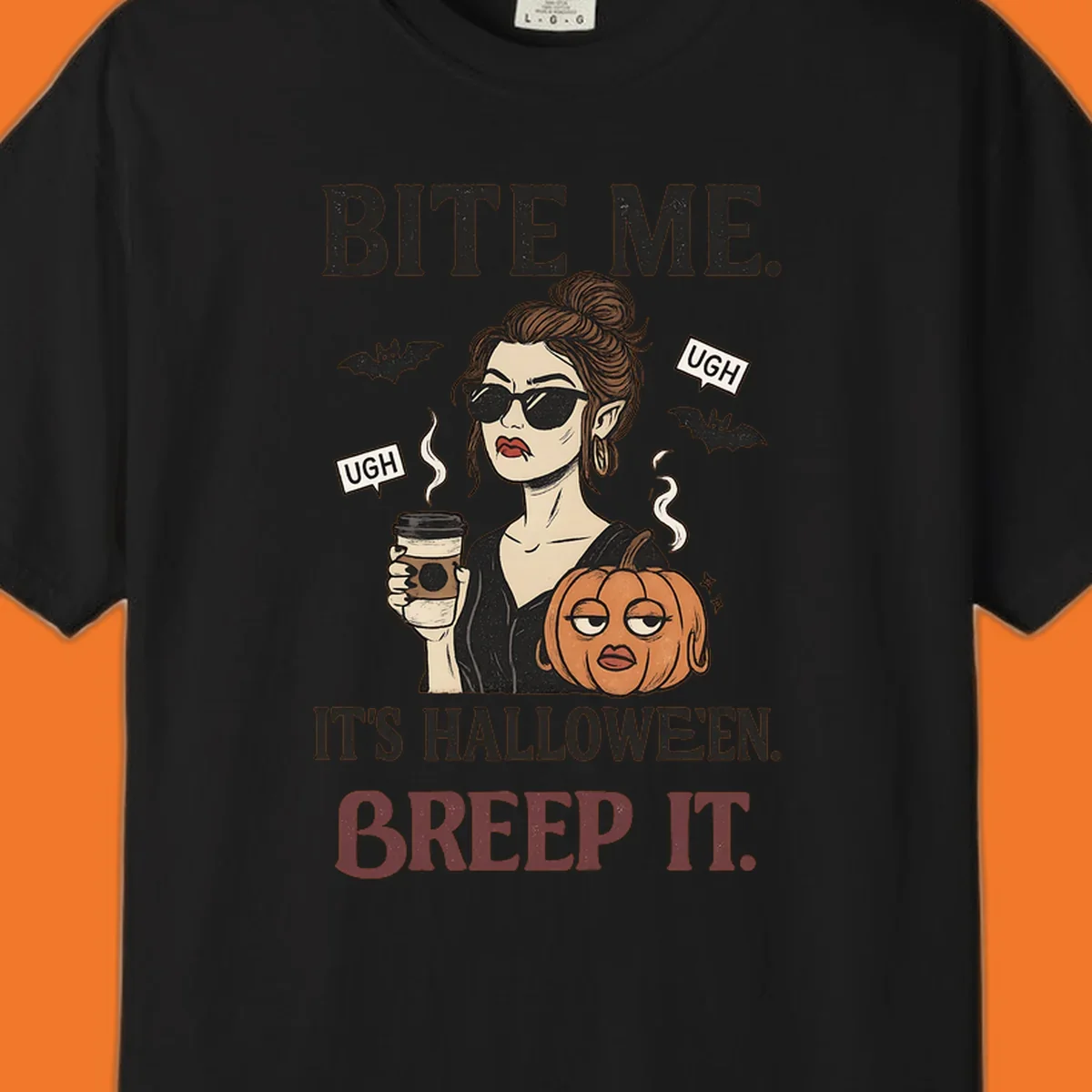 Illustration of a sarcastic woman with coffee and a pumpkin, with 'BITE ME' and 'BREEP IT' text for Halloween.