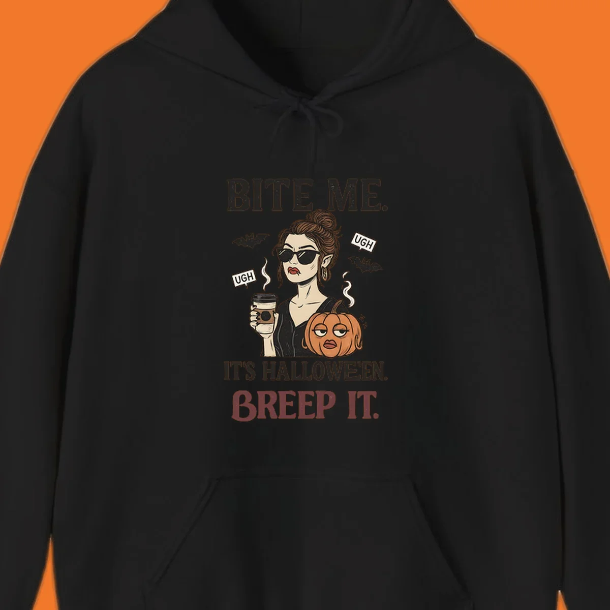 Illustration of a sarcastic woman with coffee and a pumpkin, with 'BITE ME' and 'BREEP IT' text for Halloween.