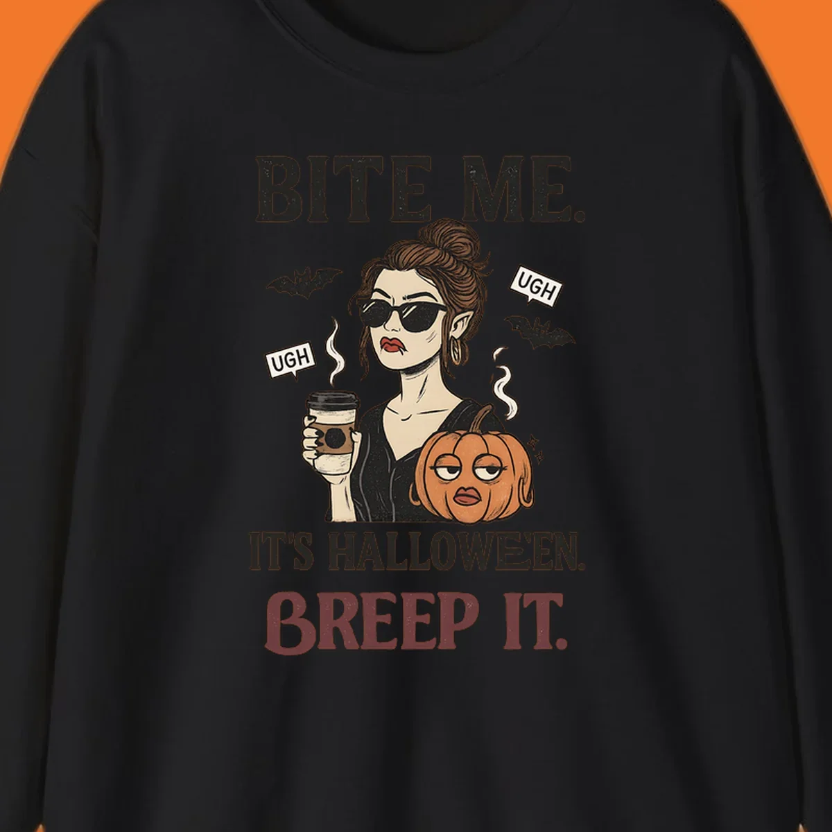 Illustration of a sarcastic woman with coffee and a pumpkin, with 'BITE ME' and 'BREEP IT' text for Halloween.