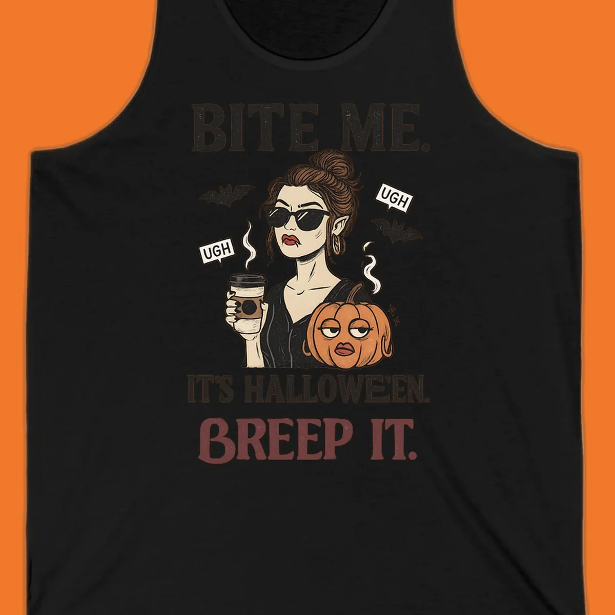 Illustration of a sarcastic woman with coffee and a pumpkin, with 'BITE ME' and 'BREEP IT' text for Halloween.