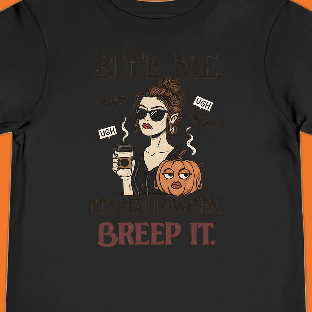 Illustration of a sarcastic woman with coffee and a pumpkin, with 'BITE ME' and 'BREEP IT' text for Halloween.