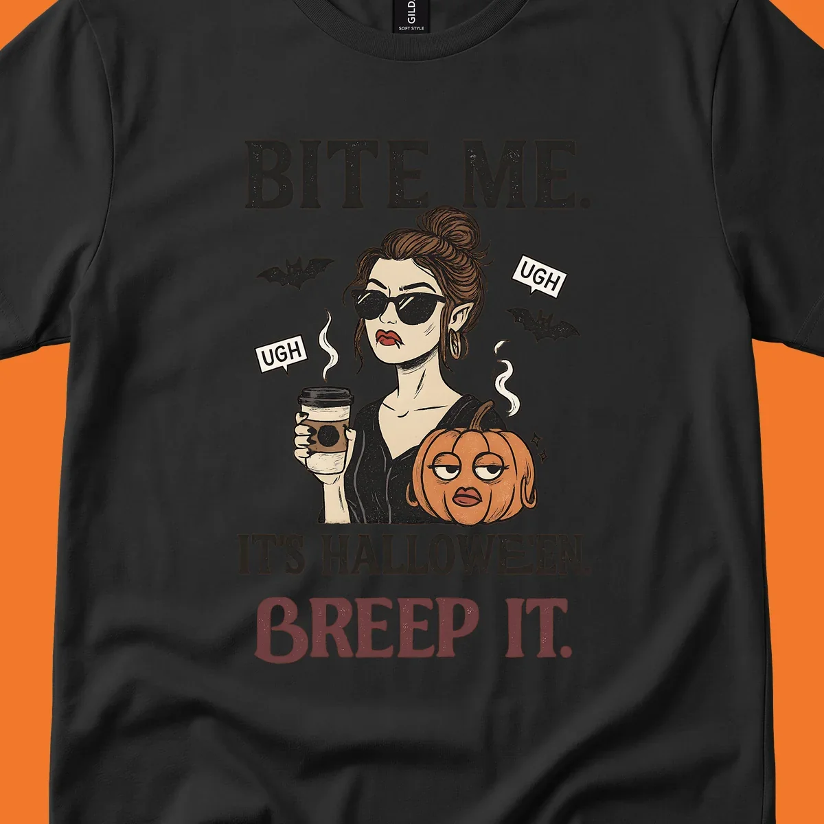 Illustration of a sarcastic woman with coffee and a pumpkin, with 'BITE ME' and 'BREEP IT' text for Halloween.