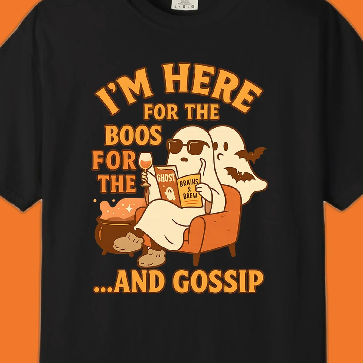 Illustration of ghosts relaxing and reading, with text "I'm Here For The Boos And Gossip", for ghost-gossip-halloween themed apparel.