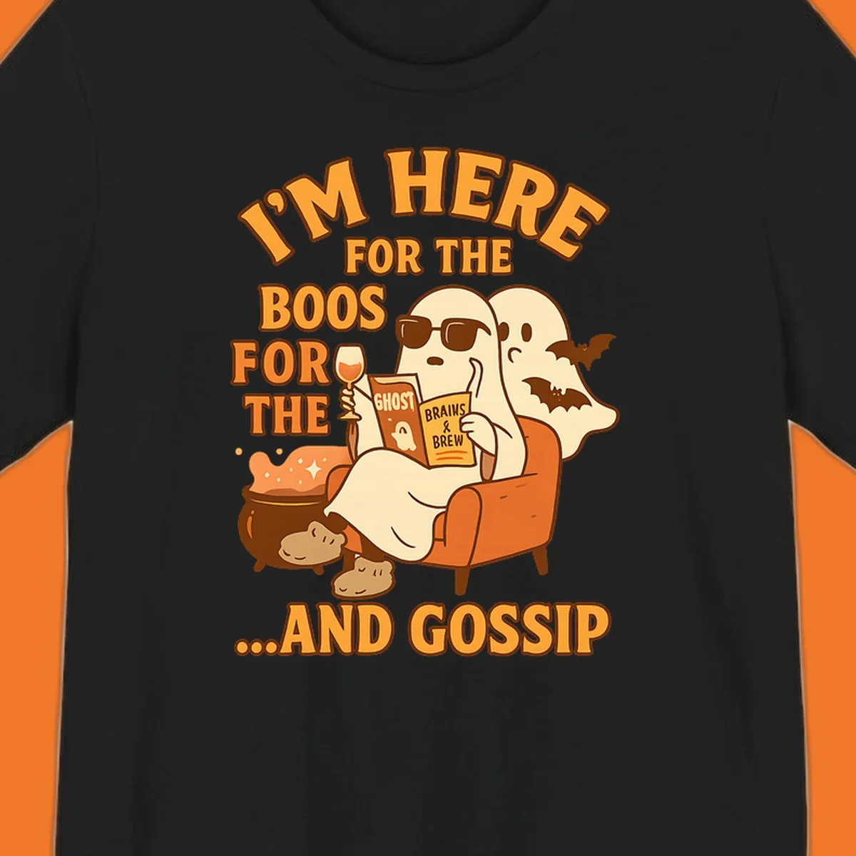 Illustration of ghosts relaxing and reading, with text "I'm Here For The Boos And Gossip", for ghost-gossip-halloween themed apparel.