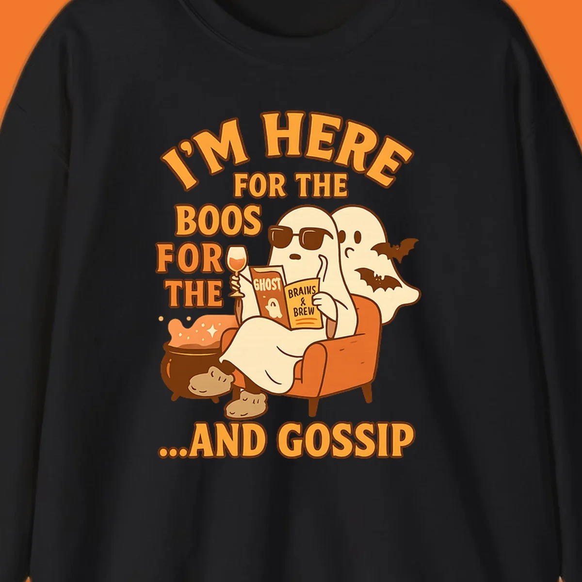 Illustration of ghosts relaxing and reading, with text "I'm Here For The Boos And Gossip", for ghost-gossip-halloween themed apparel.