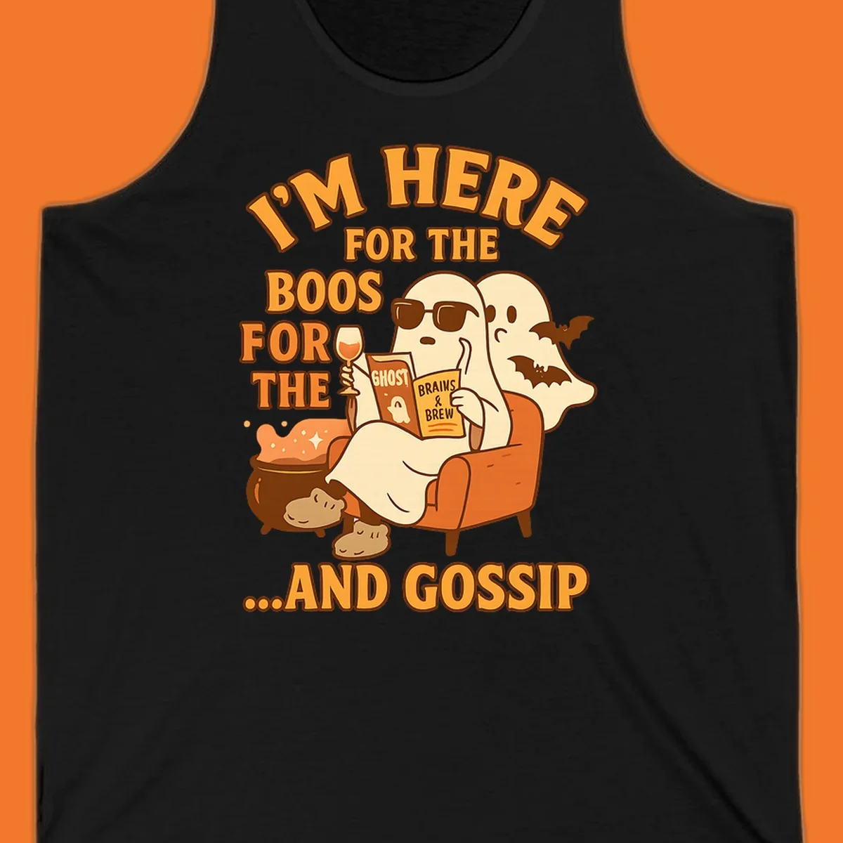 Illustration of ghosts relaxing and reading, with text "I'm Here For The Boos And Gossip", for ghost-gossip-halloween themed apparel.