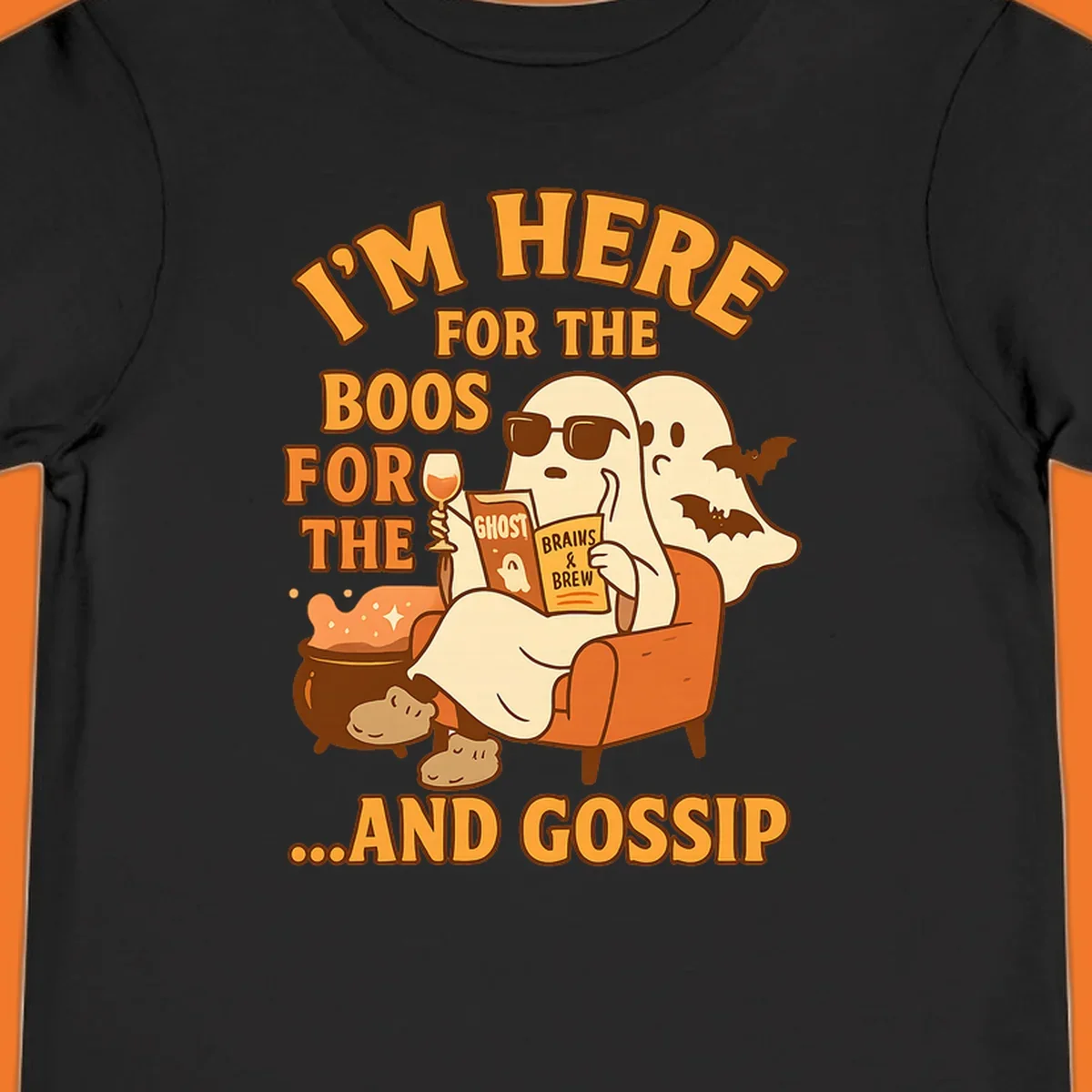 Illustration of ghosts relaxing and reading, with text "I'm Here For The Boos And Gossip", for ghost-gossip-halloween themed apparel.