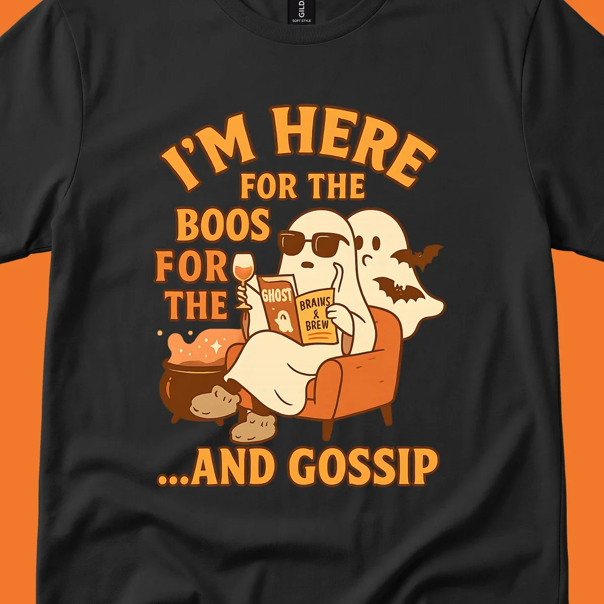 Illustration of ghosts relaxing and reading, with text "I'm Here For The Boos And Gossip", for ghost-gossip-halloween themed apparel.