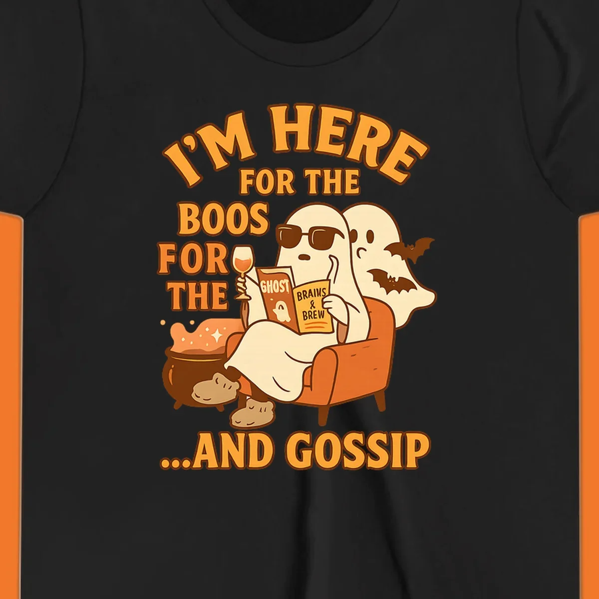 Illustration of ghosts relaxing and reading, with text "I'm Here For The Boos And Gossip", for ghost-gossip-halloween themed apparel.
