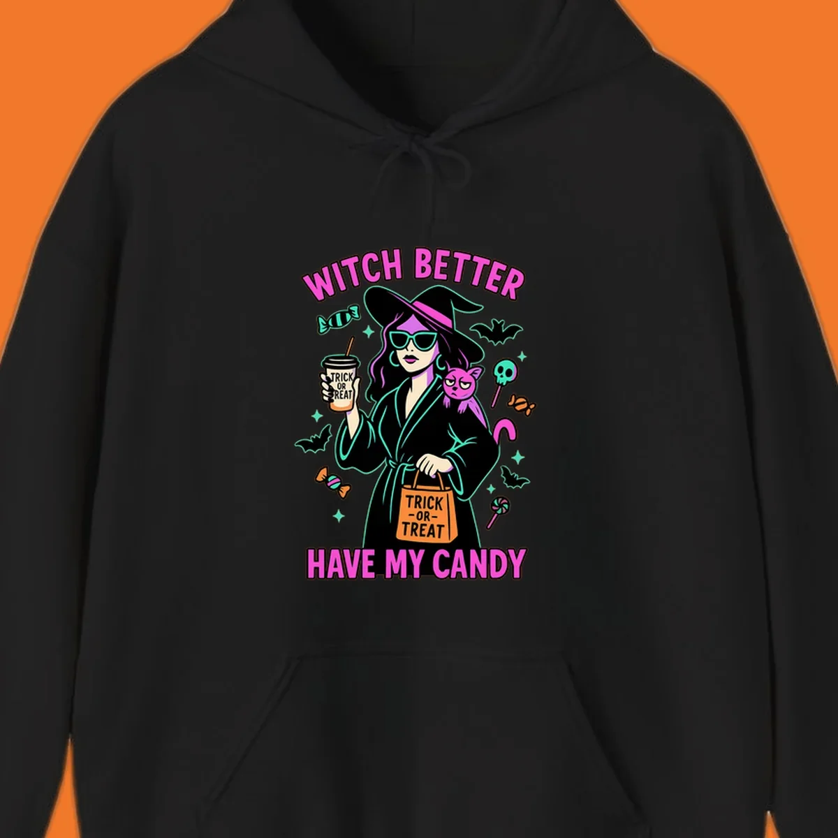 Witch better have my candy Halloween design with a witch, cat, candy, and bats.