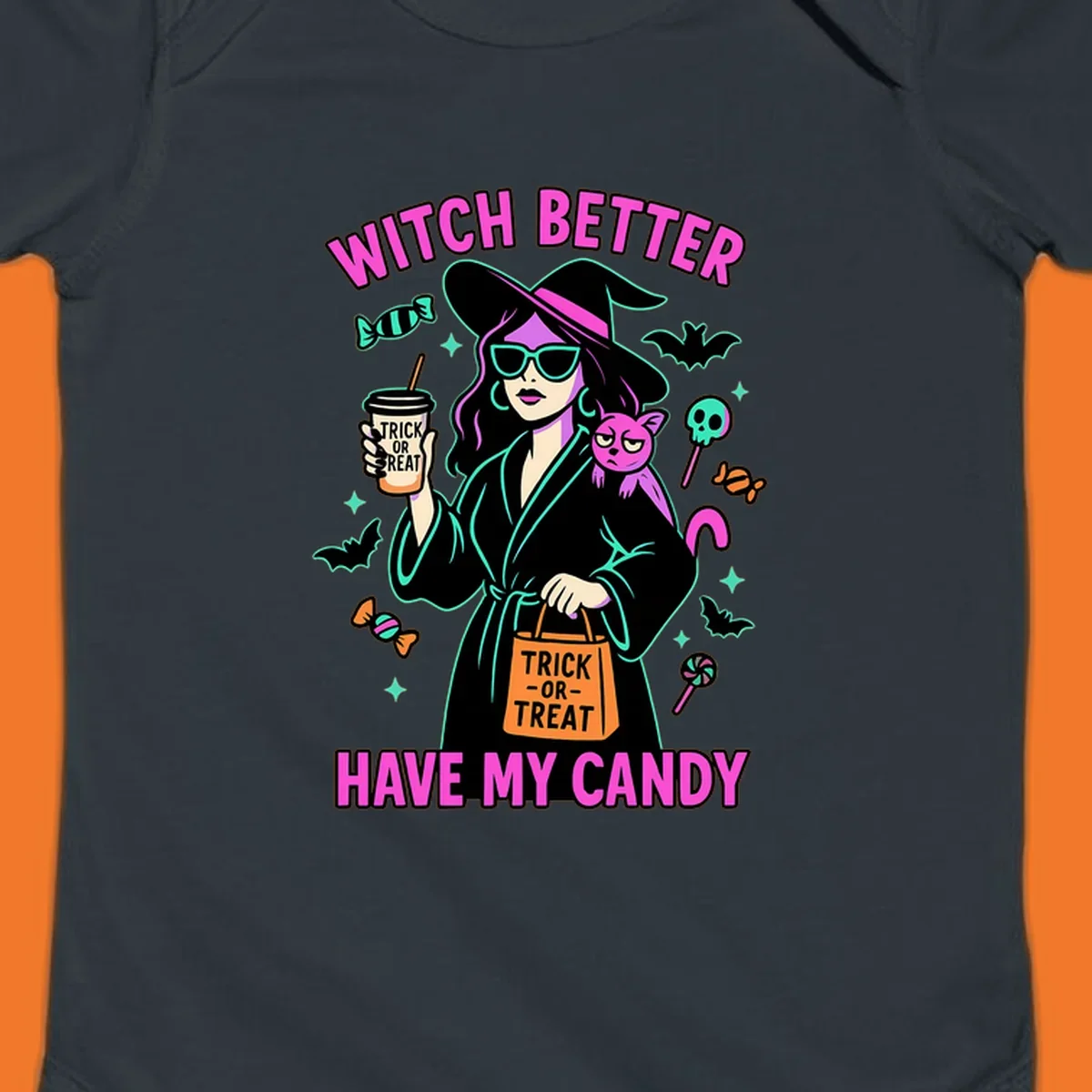 Witch better have my candy Halloween design with a witch, cat, candy, and bats.