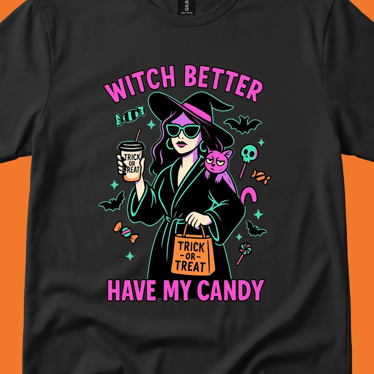 Witch better have my candy Halloween design with a witch, cat, candy, and bats.