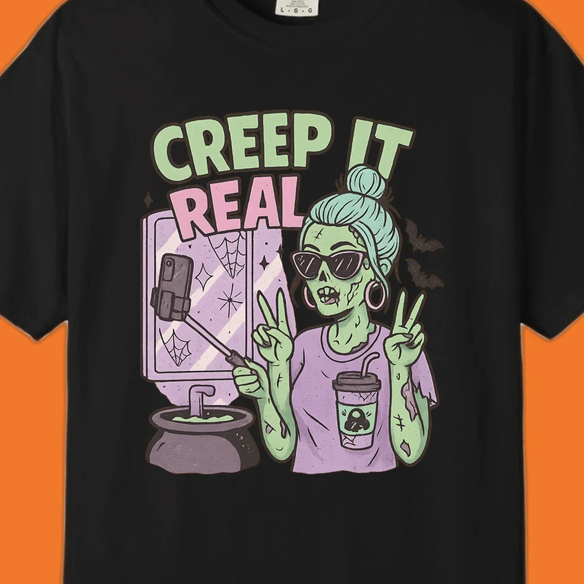 Creep it real zombie girl taking a selfie with peace signs, holding a potion and coffee cup.
