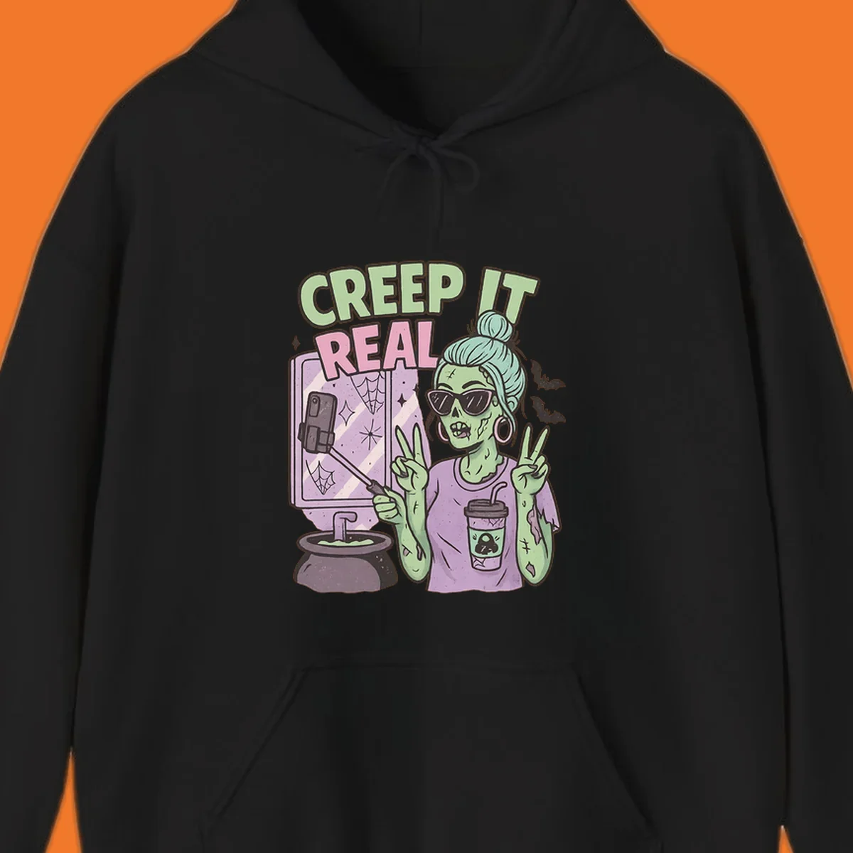 Creep it real zombie girl taking a selfie with peace signs, holding a potion and coffee cup.