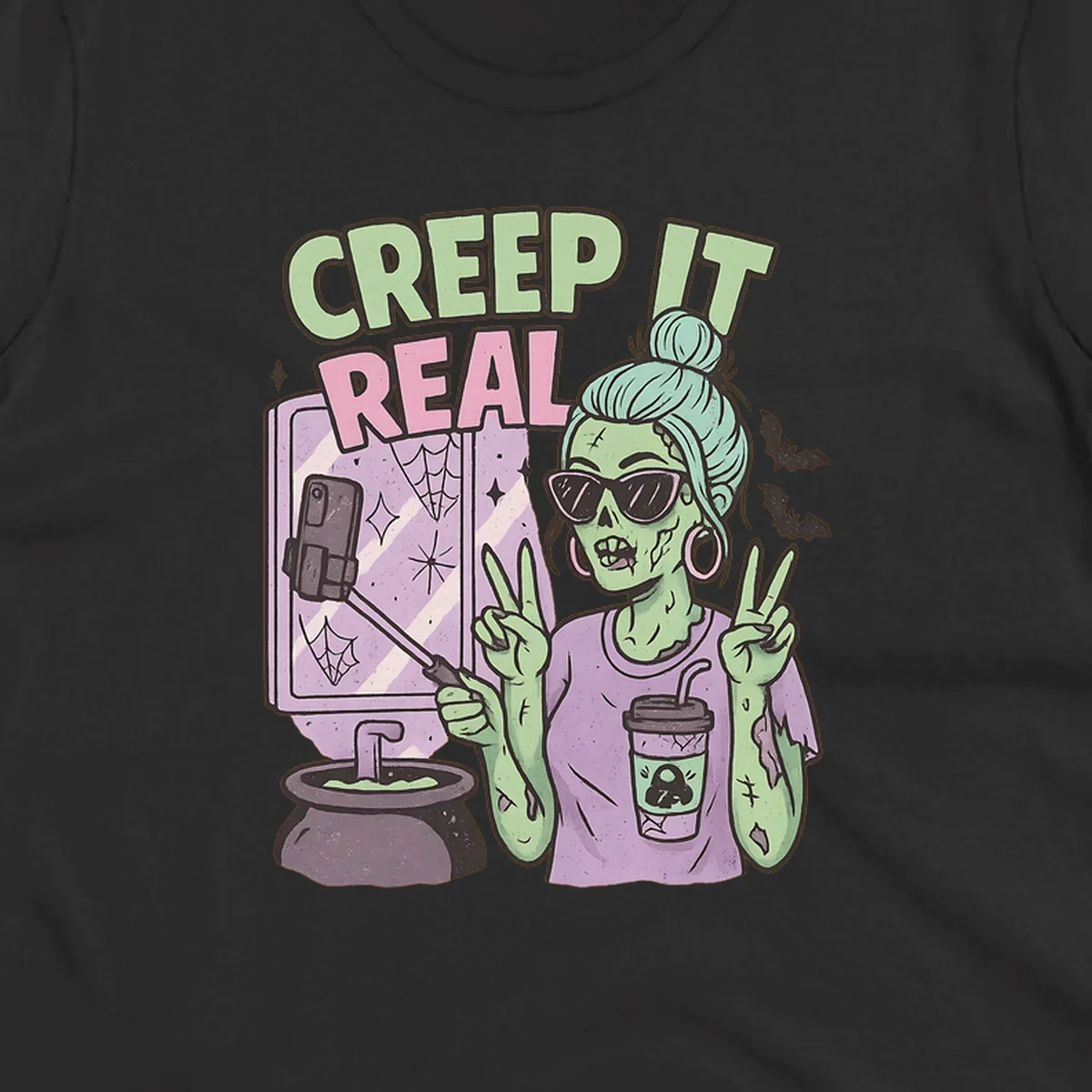 Creep it real zombie girl taking a selfie with peace signs, holding a potion and coffee cup.