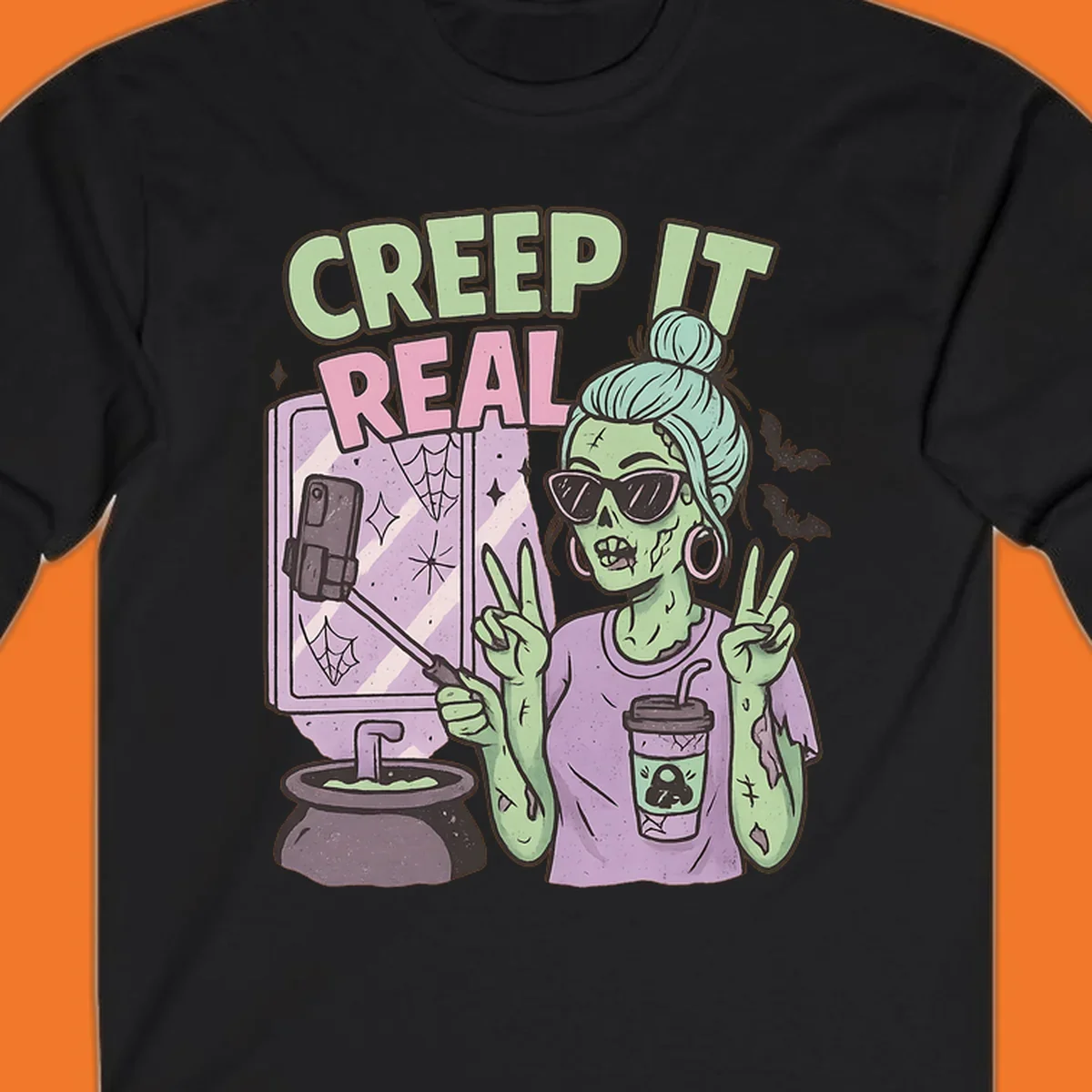 Creep it real zombie girl taking a selfie with peace signs, holding a potion and coffee cup.