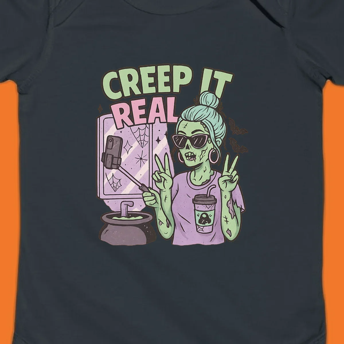 Creep it real zombie girl taking a selfie with peace signs, holding a potion and coffee cup.