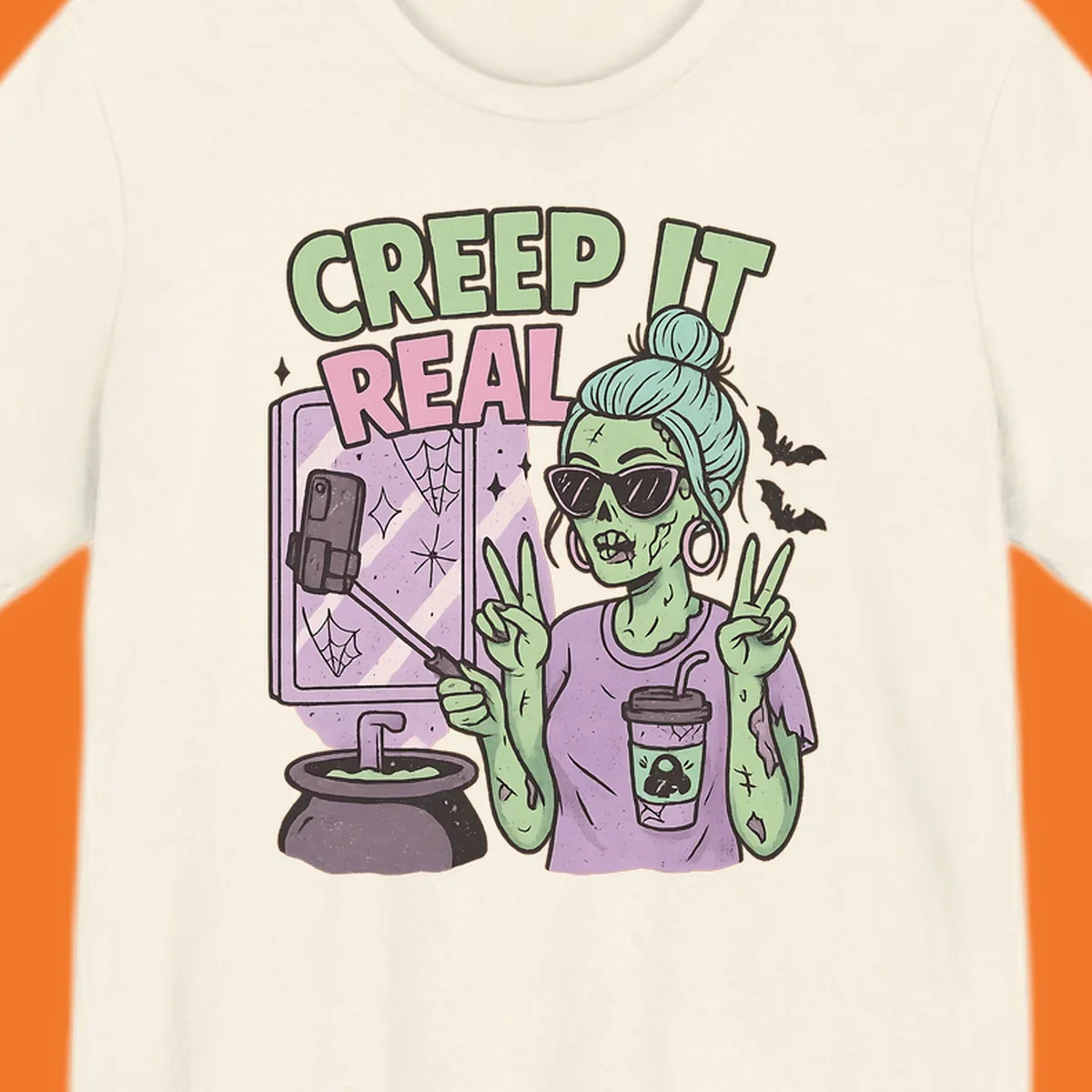 Creep it real zombie girl taking a selfie with peace signs, holding a potion and coffee cup.
