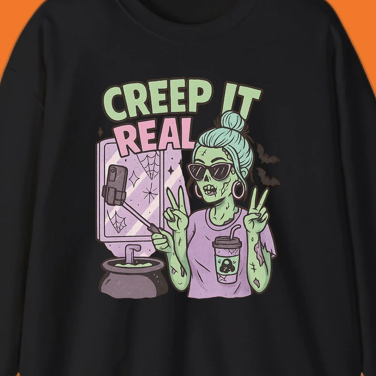 Creep it real zombie girl taking a selfie with peace signs, holding a potion and coffee cup.