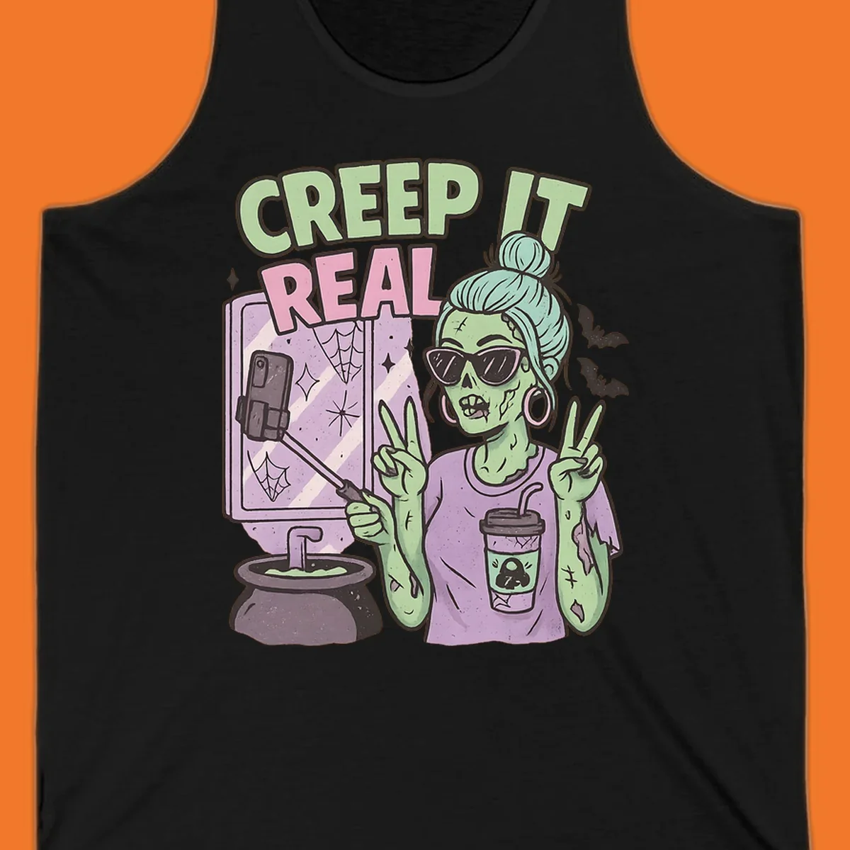 Creep it real zombie girl taking a selfie with peace signs, holding a potion and coffee cup.