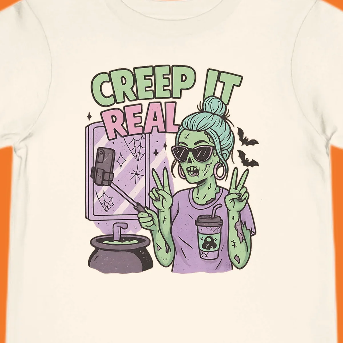Creep it real zombie girl taking a selfie with peace signs, holding a potion and coffee cup.