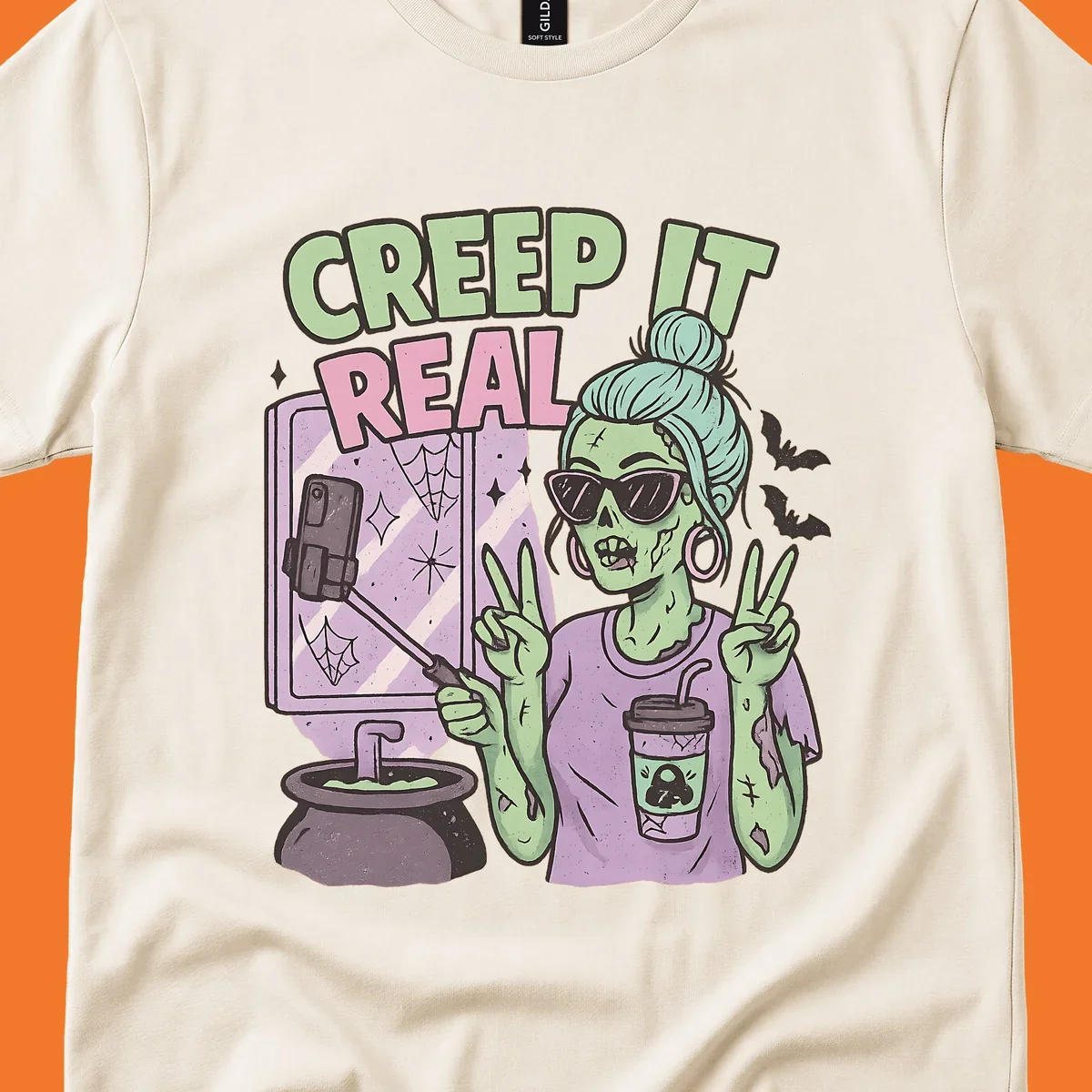 Creep it real zombie girl taking a selfie with peace signs, holding a potion and coffee cup.