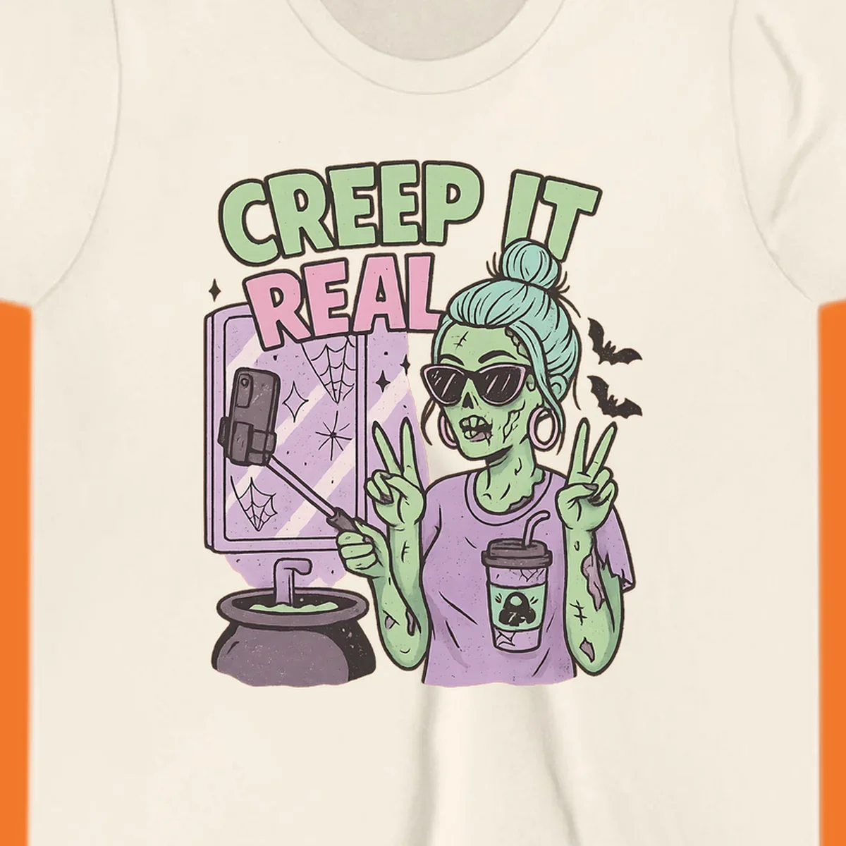 Creep it real zombie girl taking a selfie with peace signs, holding a potion and coffee cup.