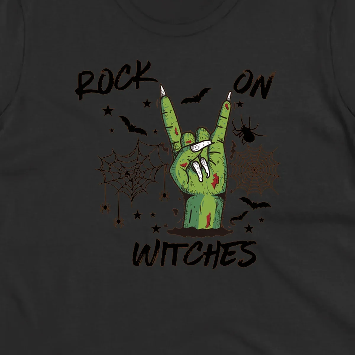 Zombie hand making rock on gesture with bats, spiders, and text 'ROCK ON WITCHES'.