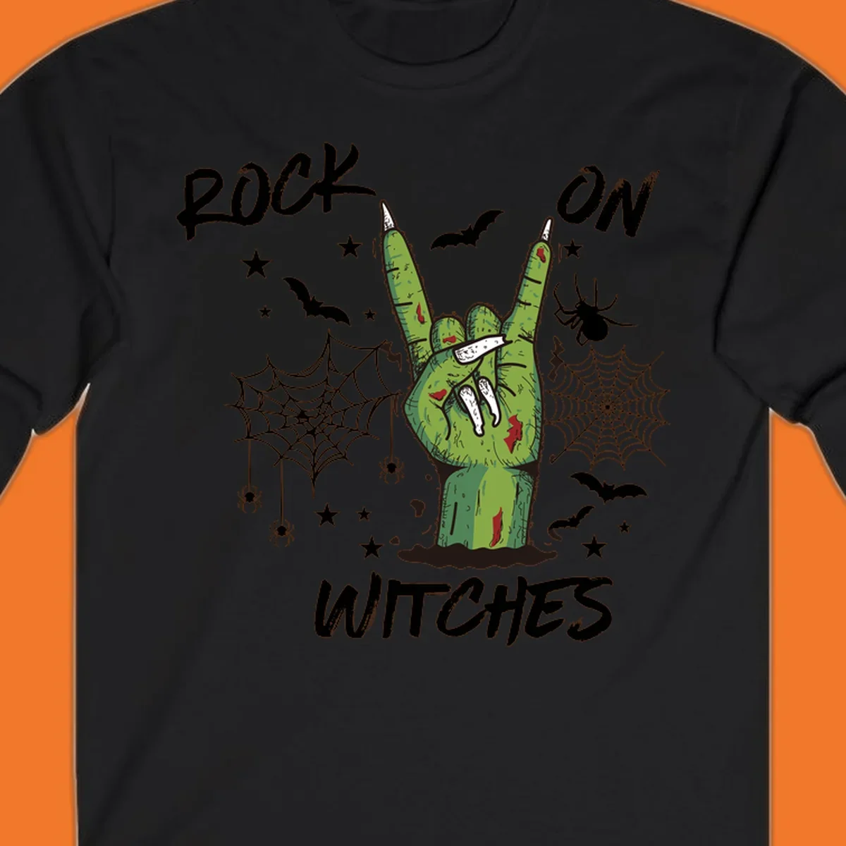 Zombie hand making rock on gesture with bats, spiders, and text 'ROCK ON WITCHES'.