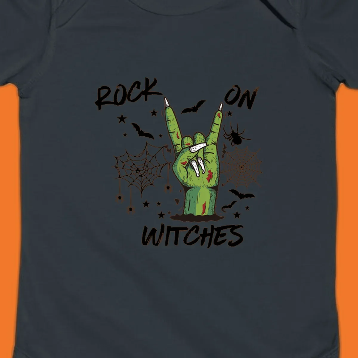 Zombie hand making rock on gesture with bats, spiders, and text 'ROCK ON WITCHES'.