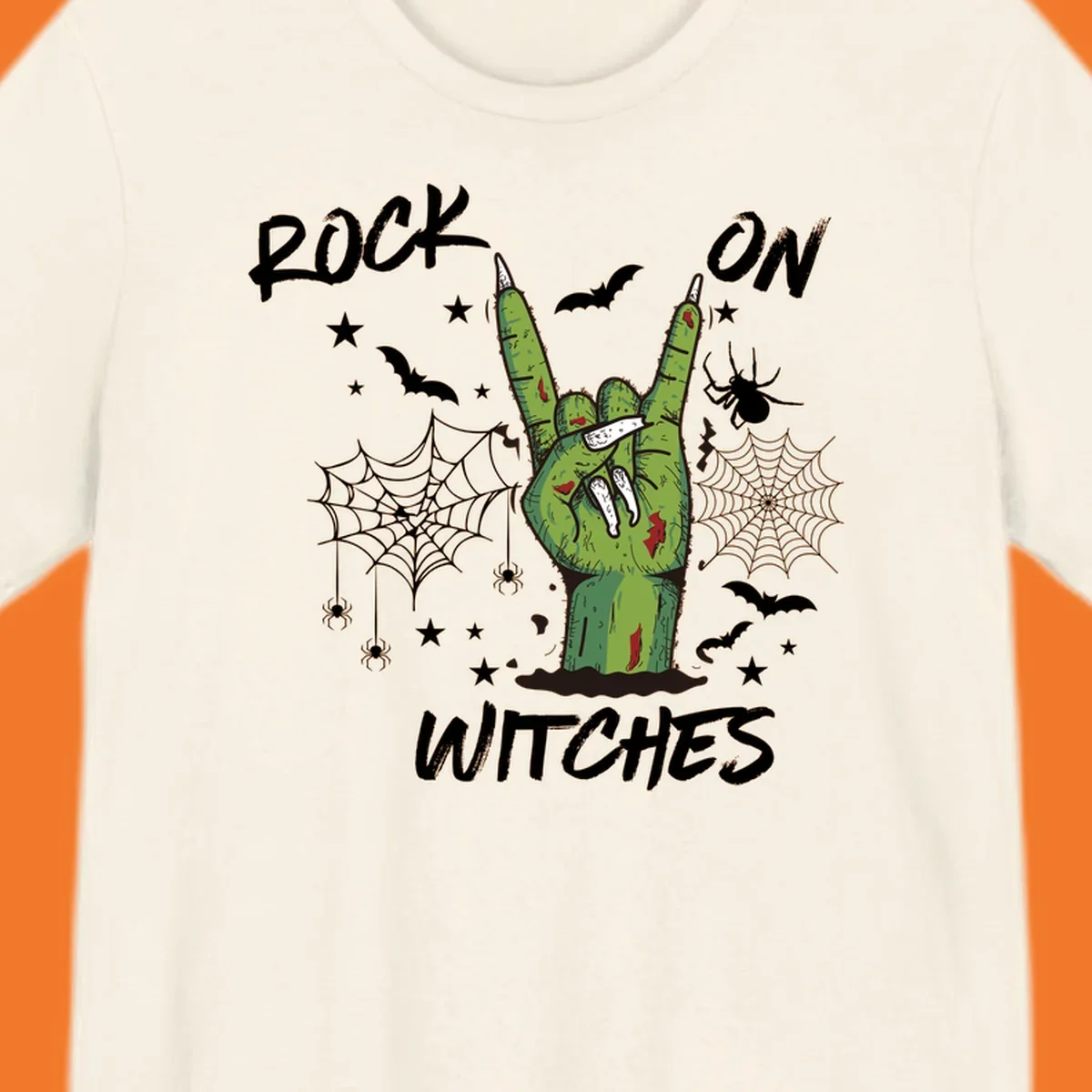 Zombie hand making rock on gesture with bats, spiders, and text 'ROCK ON WITCHES'.