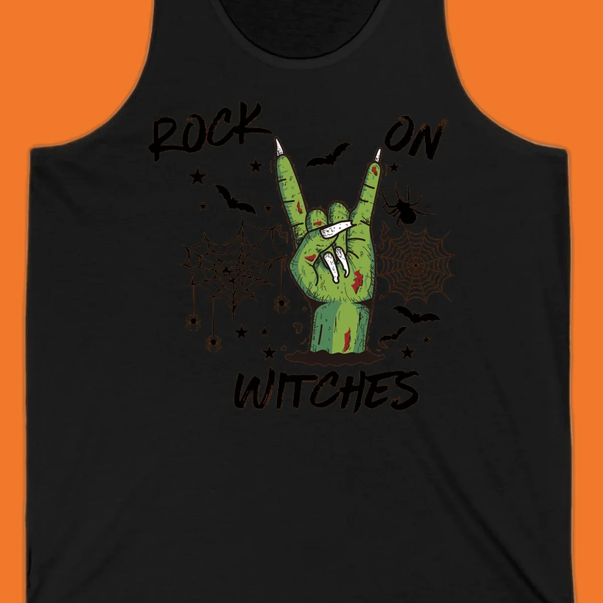 Zombie hand making rock on gesture with bats, spiders, and text 'ROCK ON WITCHES'.