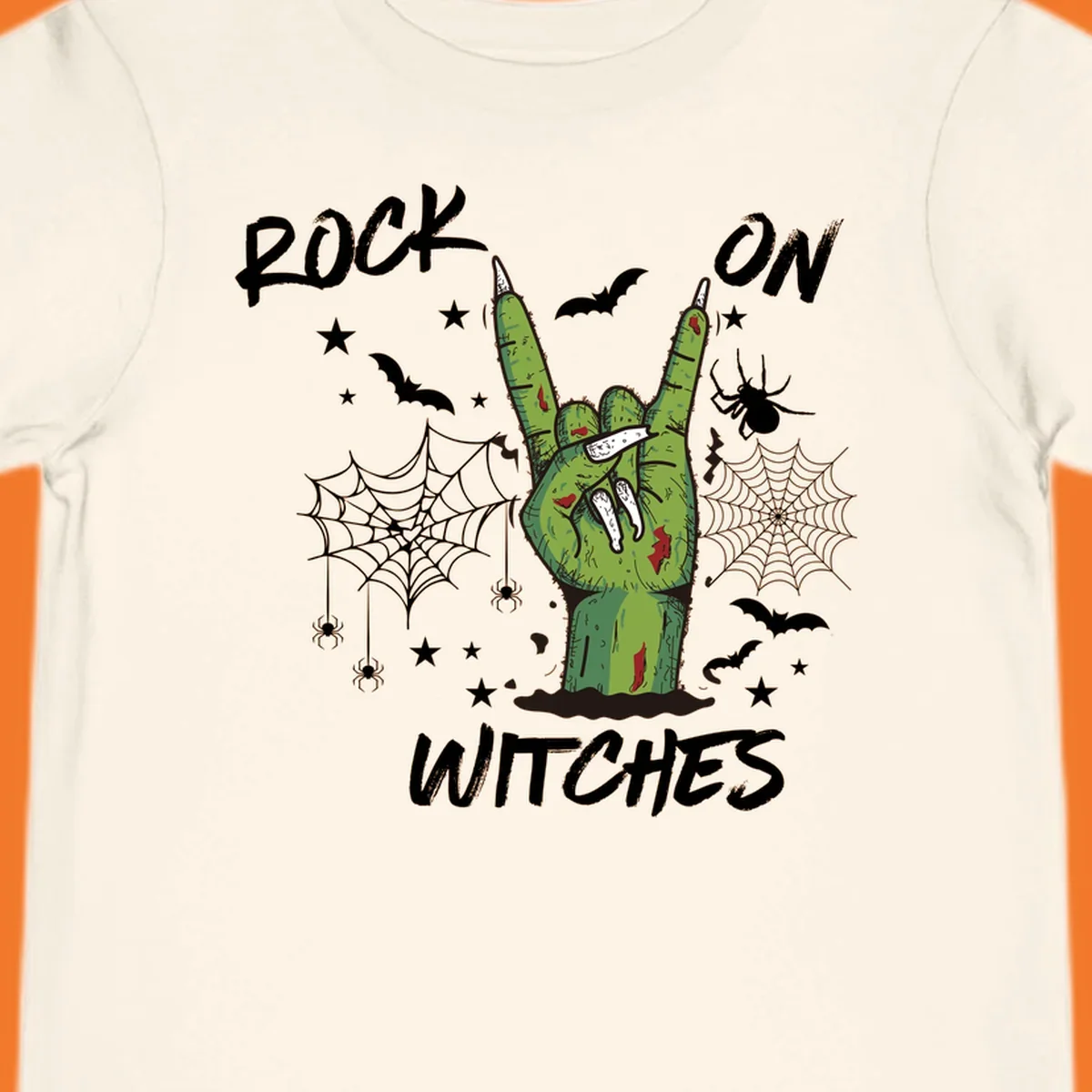 Zombie hand making rock on gesture with bats, spiders, and text 'ROCK ON WITCHES'.