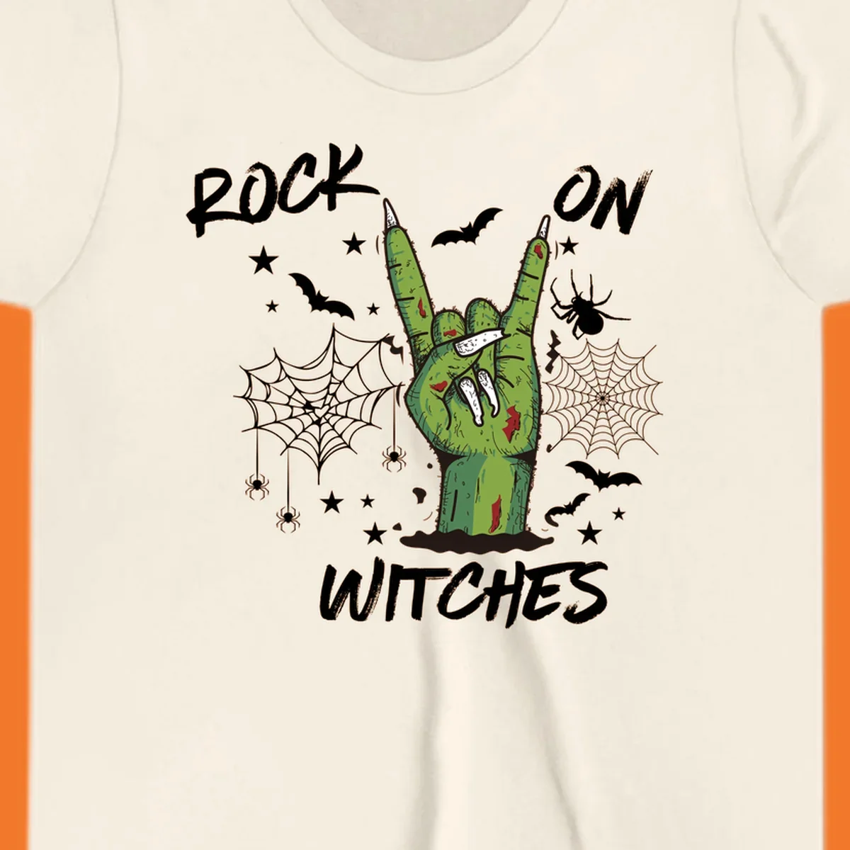 Zombie hand making rock on gesture with bats, spiders, and text 'ROCK ON WITCHES'.