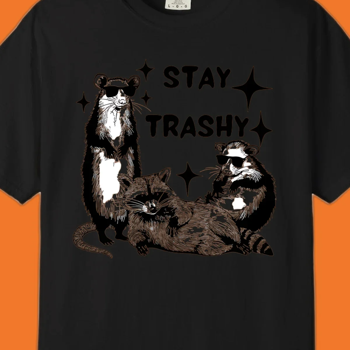 Stay trashy gang of raccoons and opossum wearing sunglasses with sparkles illustration.