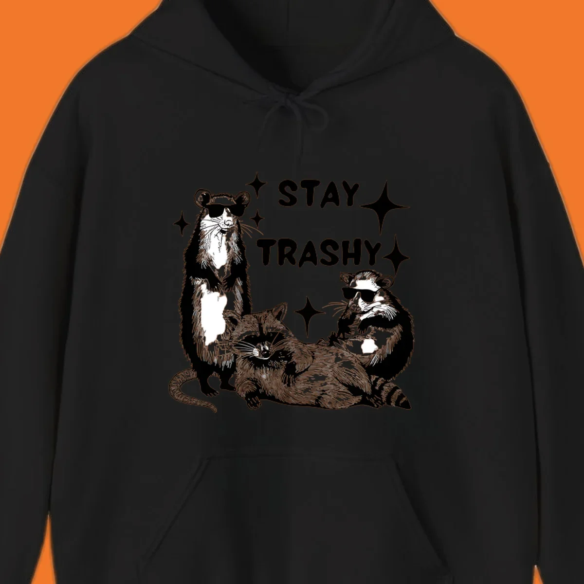 Stay trashy gang of raccoons and opossum wearing sunglasses with sparkles illustration.