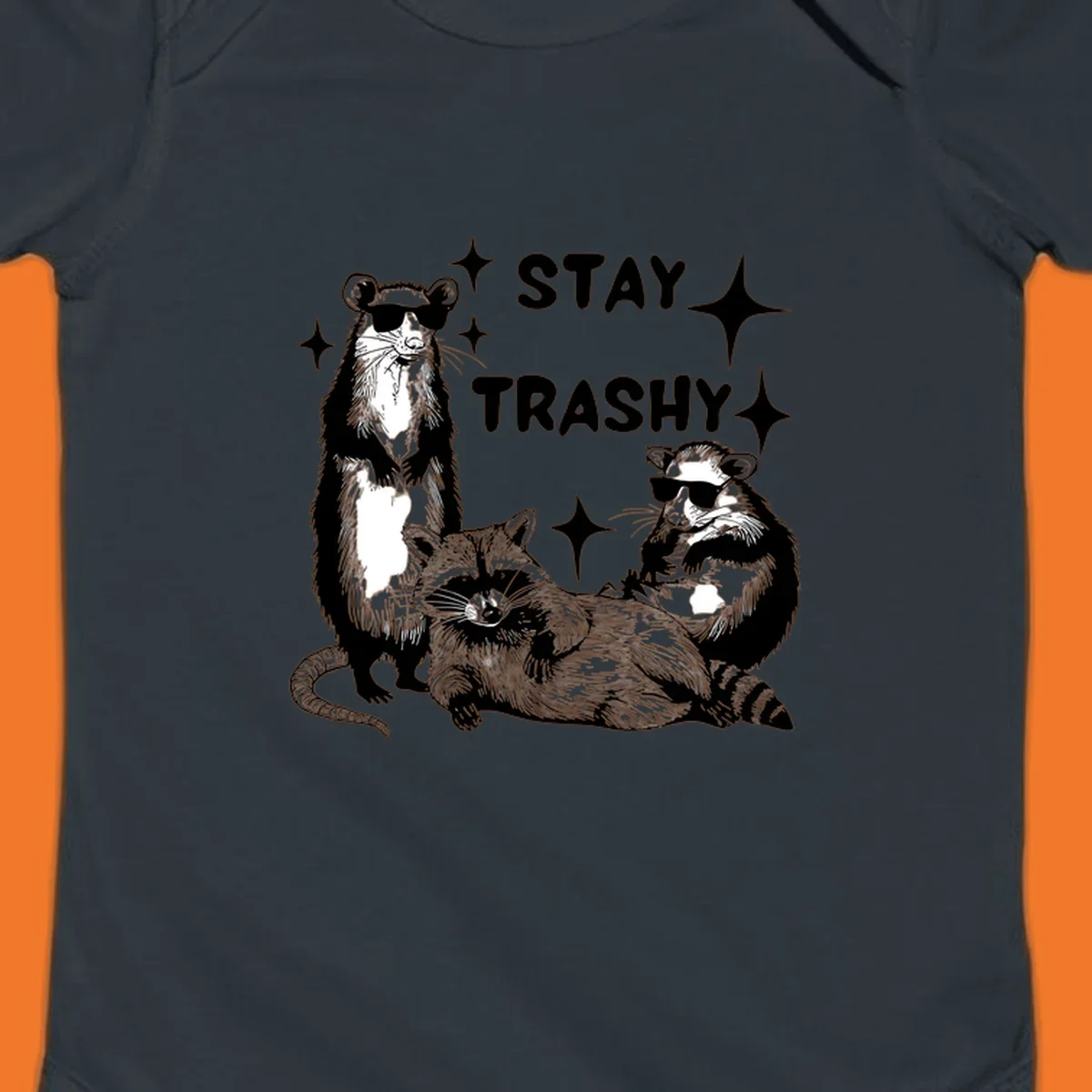 Stay trashy gang of raccoons and opossum wearing sunglasses with sparkles illustration.