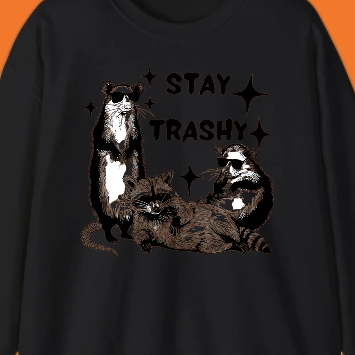 Stay trashy gang of raccoons and opossum wearing sunglasses with sparkles illustration.