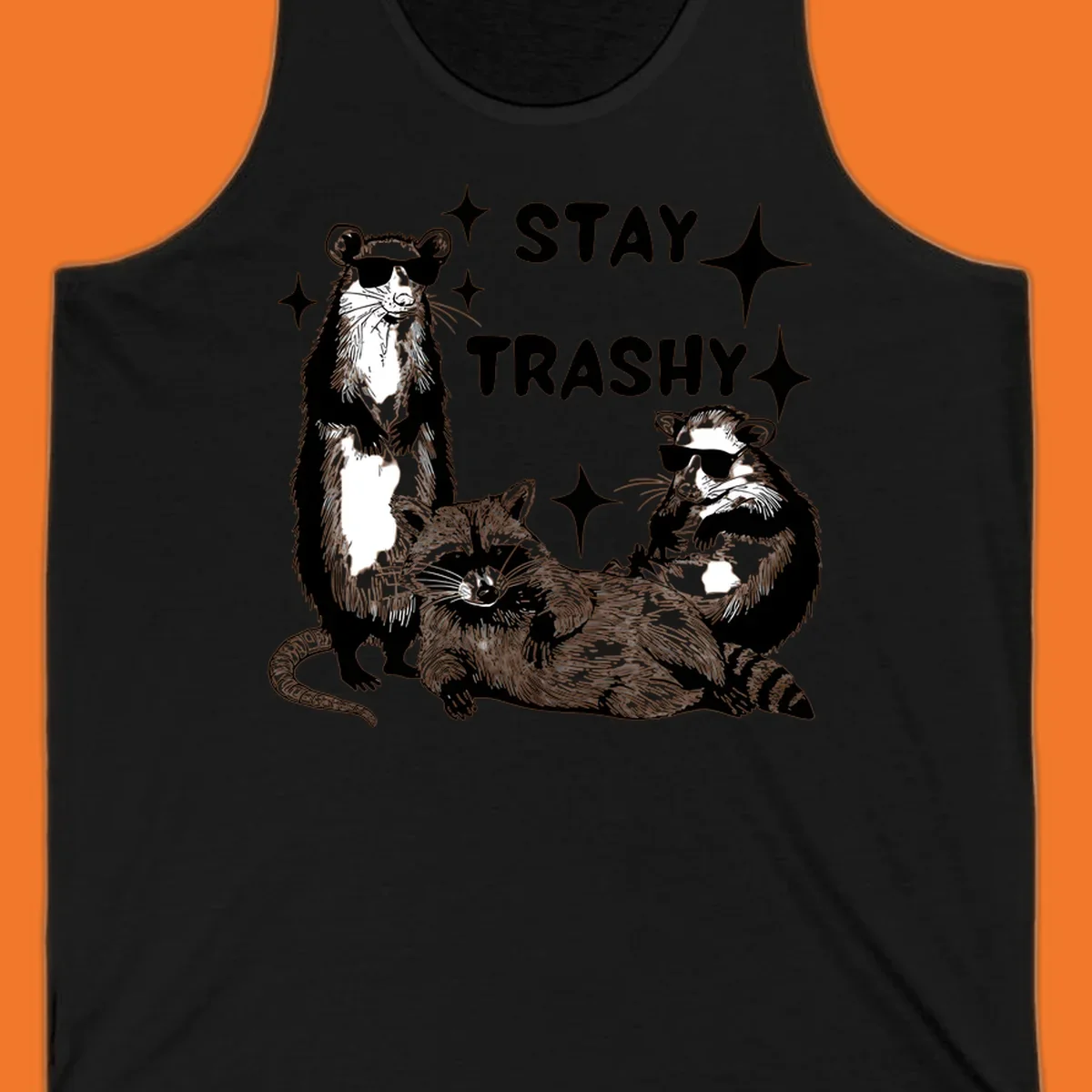 Stay trashy gang of raccoons and opossum wearing sunglasses with sparkles illustration.