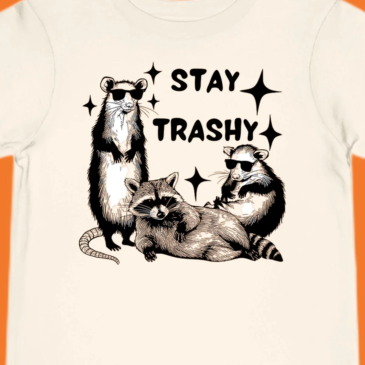 Stay trashy gang of raccoons and opossum wearing sunglasses with sparkles illustration.