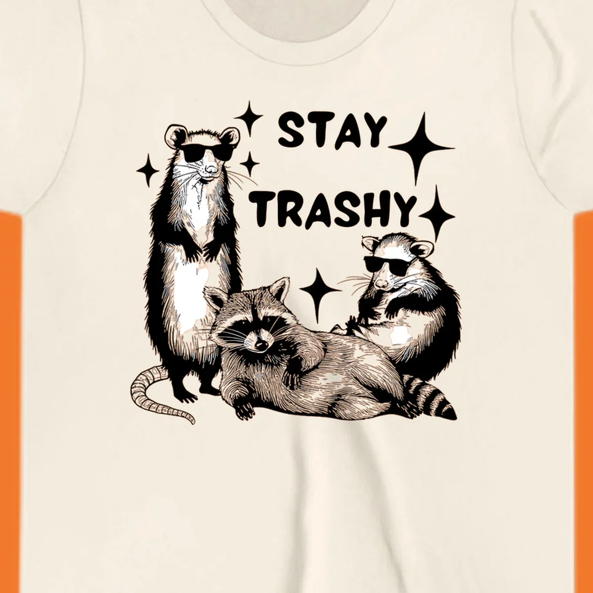 Stay trashy gang of raccoons and opossum wearing sunglasses with sparkles illustration.