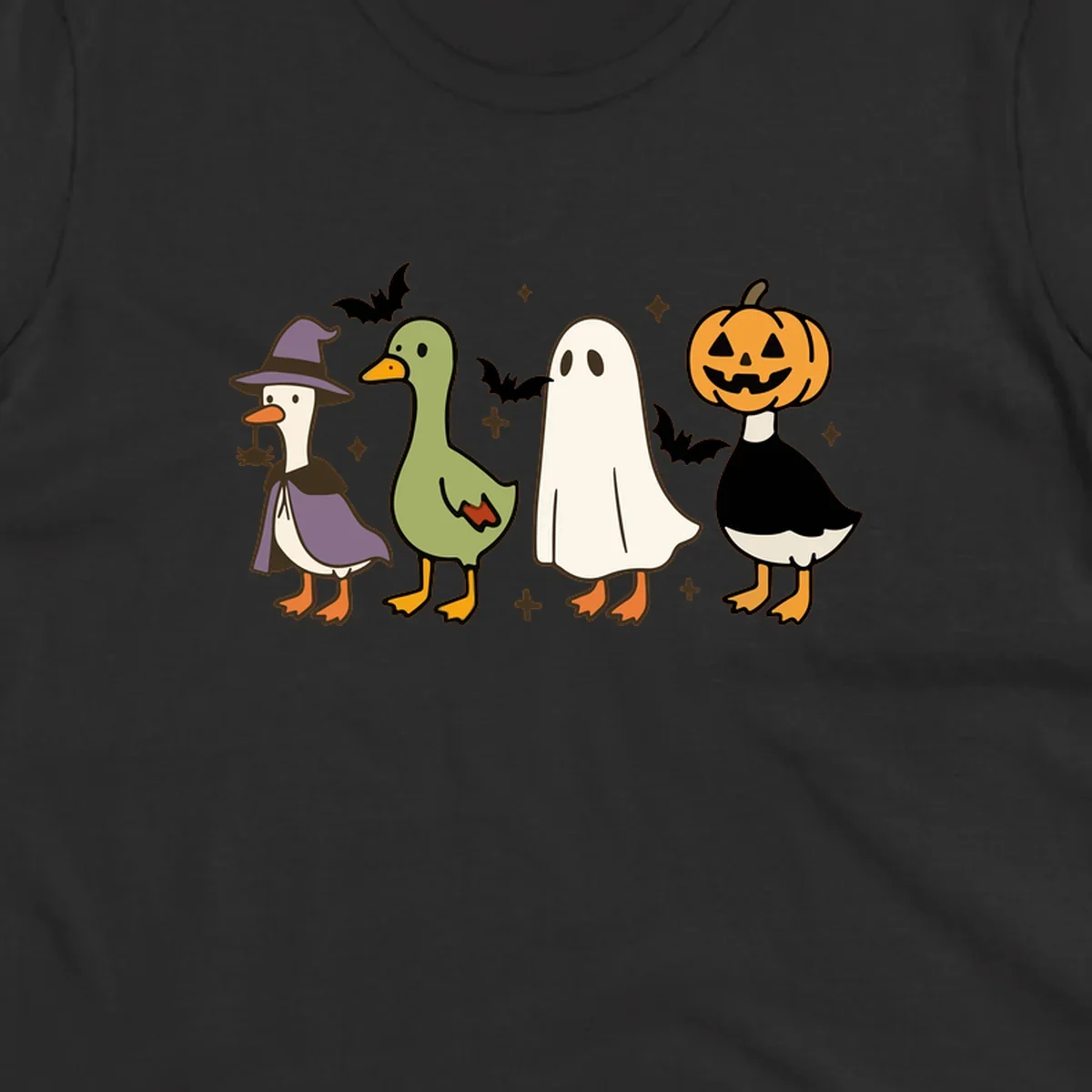 Illustration of four cute animals in Halloween costumes: a witch goose, a duckling, a ghost, and a pumpkin goose.